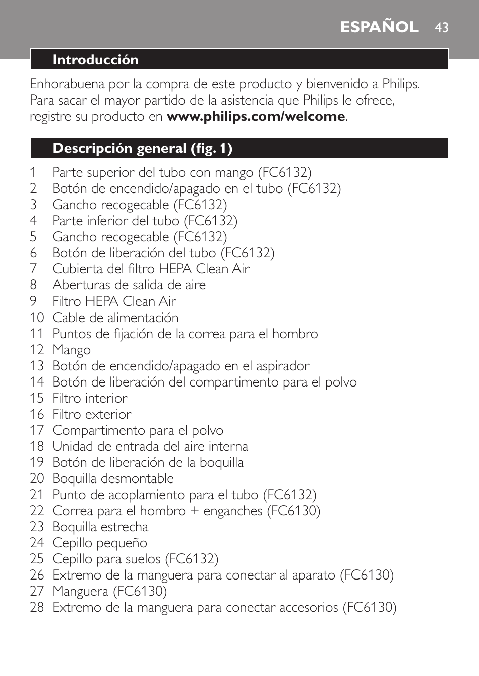 Español | Philips MiniVac Aspirador de escoba User Manual | Page 43 / 124