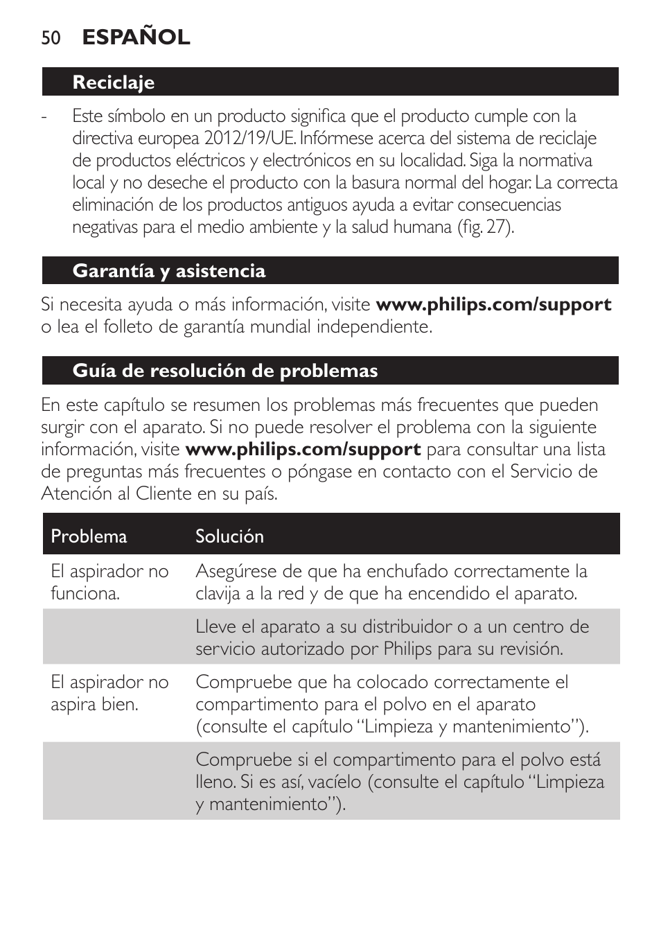 Philips MiniVac Aspirador de escoba User Manual | Page 50 / 124