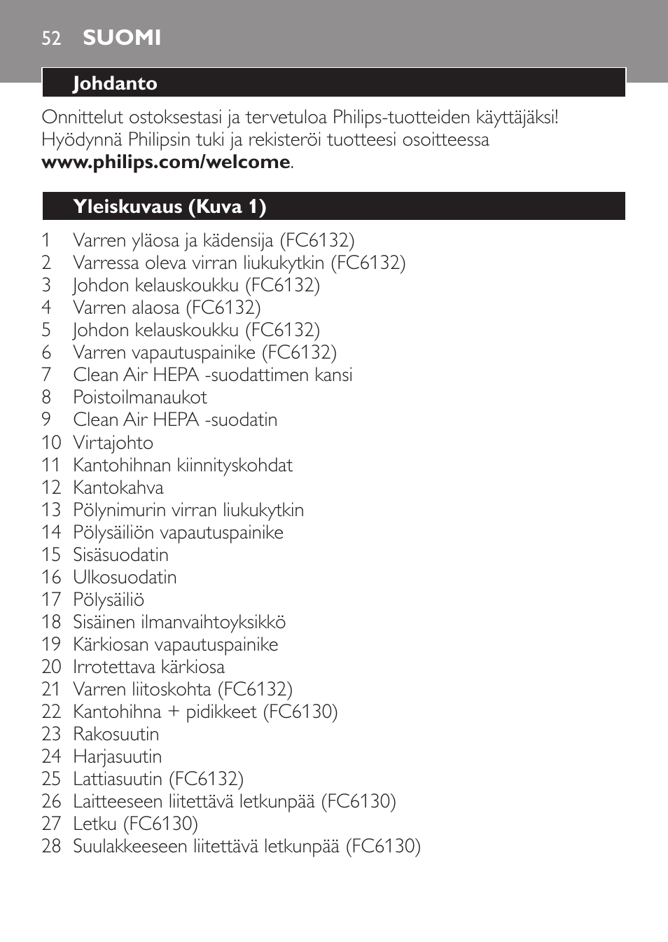 Suomi, Suomi 52 | Philips MiniVac Aspirador de escoba User Manual | Page 52 / 124