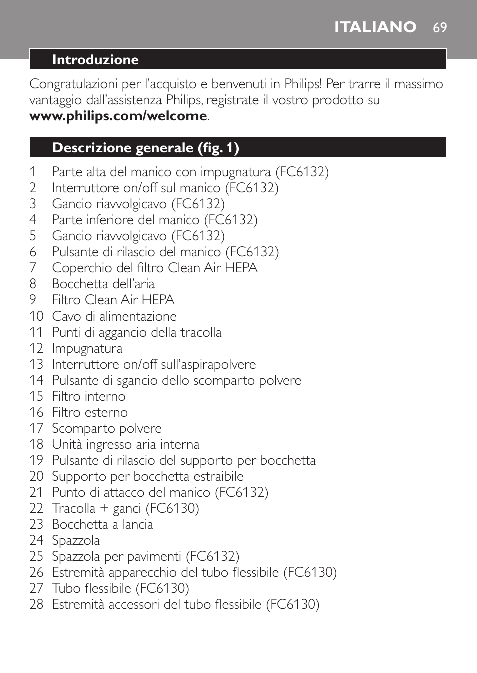 Italiano | Philips MiniVac Aspirador de escoba User Manual | Page 69 / 124