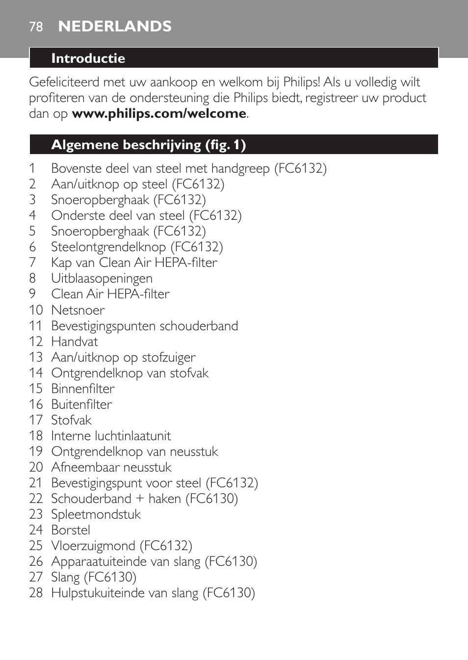 Nederlands, Nederlands 7 | Philips MiniVac Aspirador de escoba User Manual | Page 78 / 124