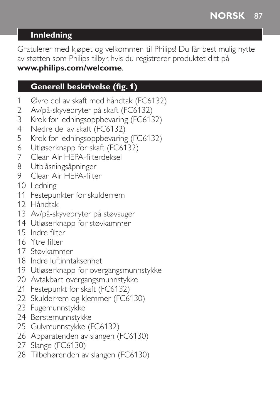 Norsk, Norsk 87 | Philips MiniVac Aspirador de escoba User Manual | Page 87 / 124