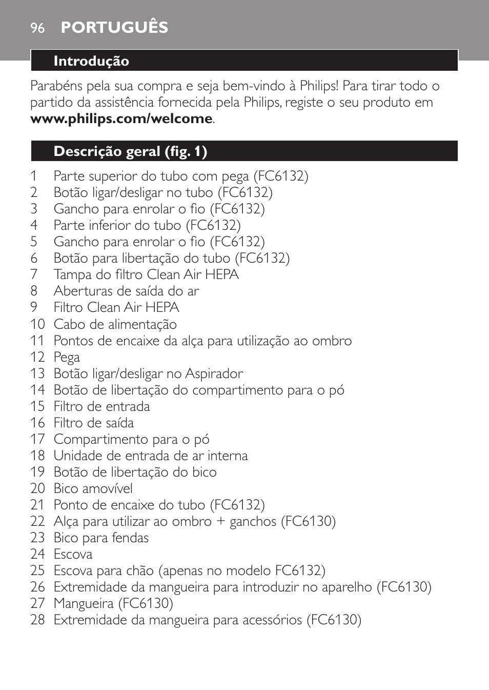 Português | Philips MiniVac Aspirador de escoba User Manual | Page 96 / 124