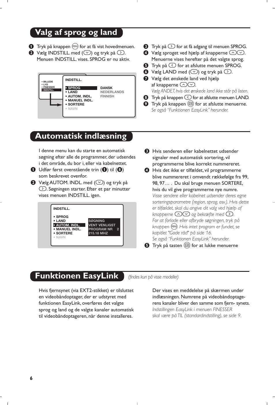 Valg af sprog og land automatisk indlæsning, Funktionen easylink | Philips Matchline Flat TV User Manual | Page 102 / 192