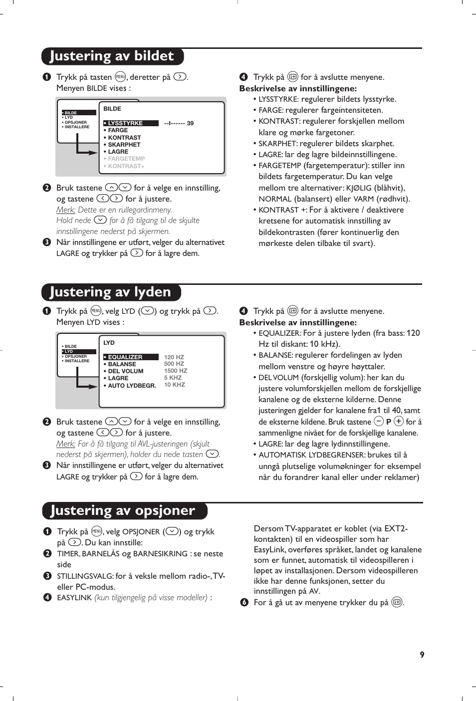 Justering av bildet justering av lyden, Justering av opsjoner | Philips Matchline Flat TV User Manual | Page 121 / 192