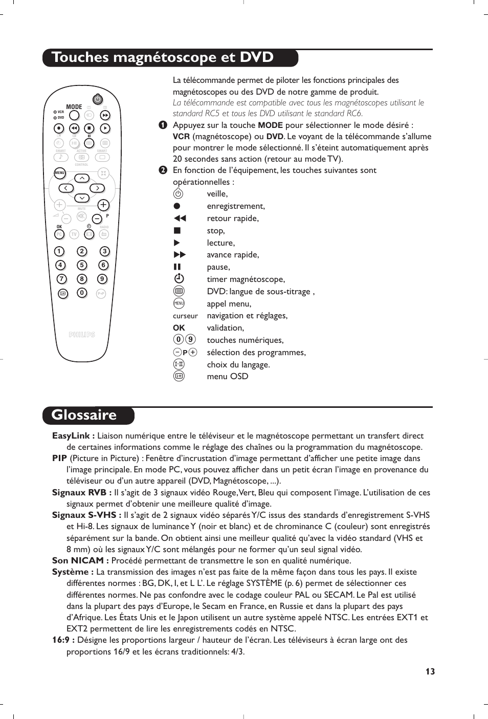 Touches magnétoscope et dvd glossaire | Philips Matchline Flat TV User Manual | Page 13 / 192