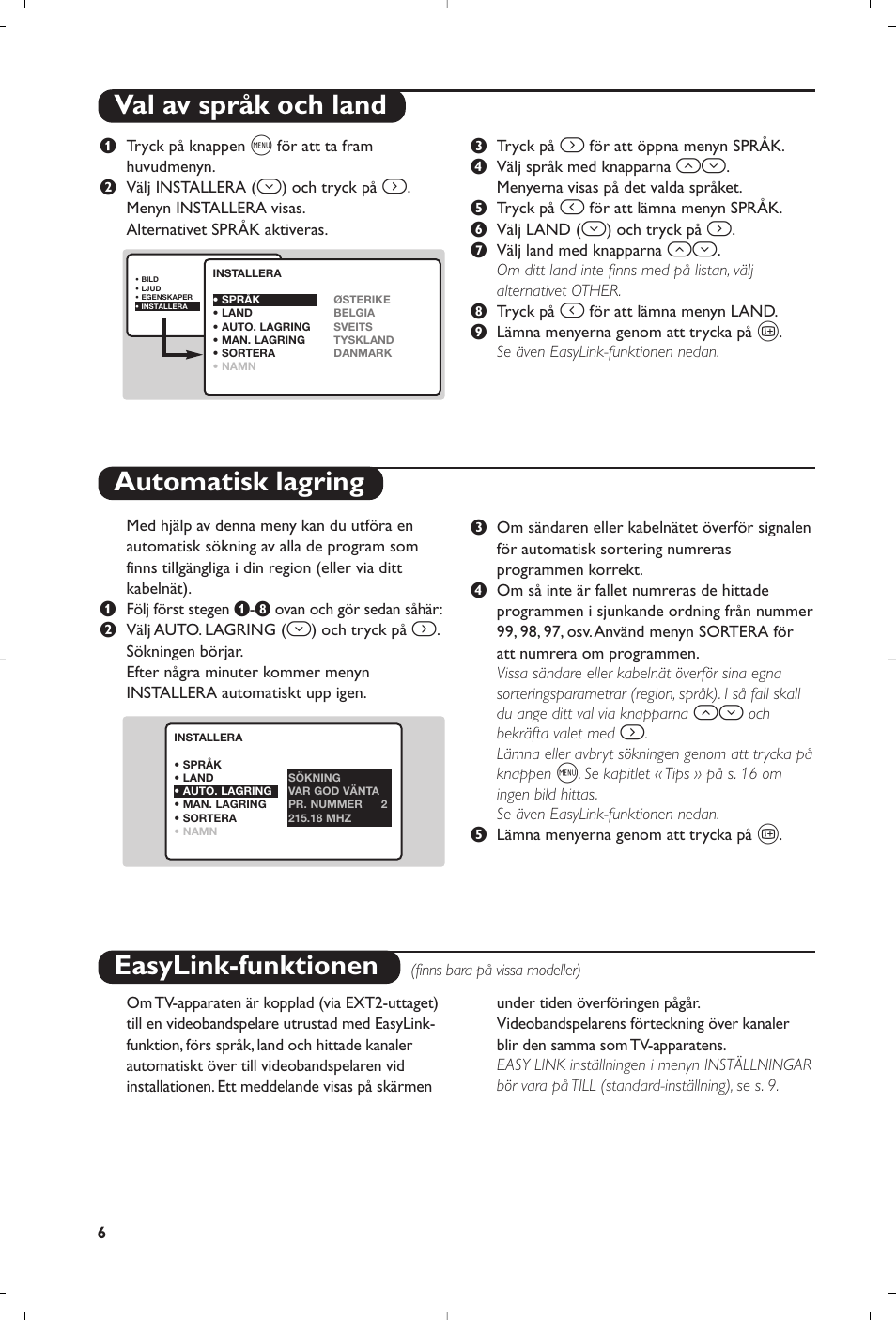 Val av språk och land automatisk lagring, Easylink-funktionen | Philips Matchline Flat TV User Manual | Page 134 / 192