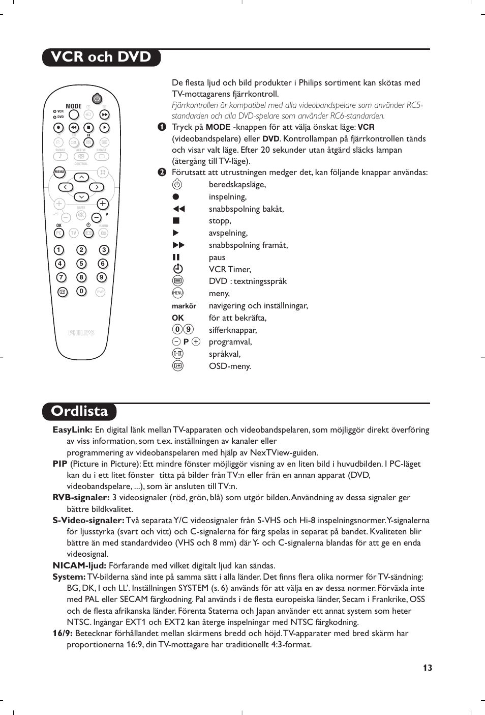 Vcr och dvd ordlista | Philips Matchline Flat TV User Manual | Page 141 / 192