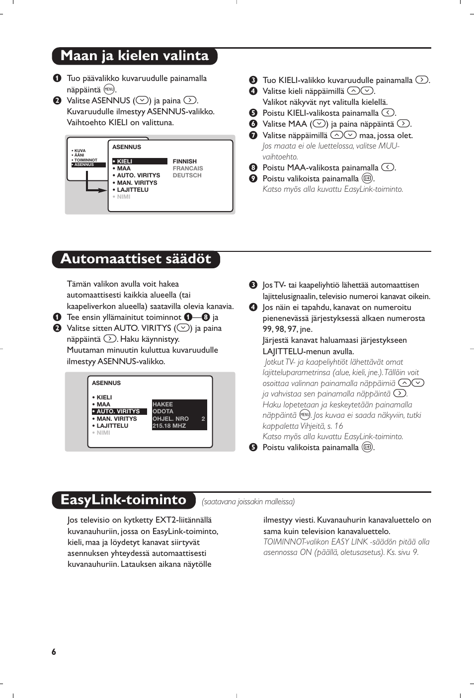 Maan ja kielen valinta automaattiset säädöt, Easylink-toiminto | Philips Matchline Flat TV User Manual | Page 150 / 192