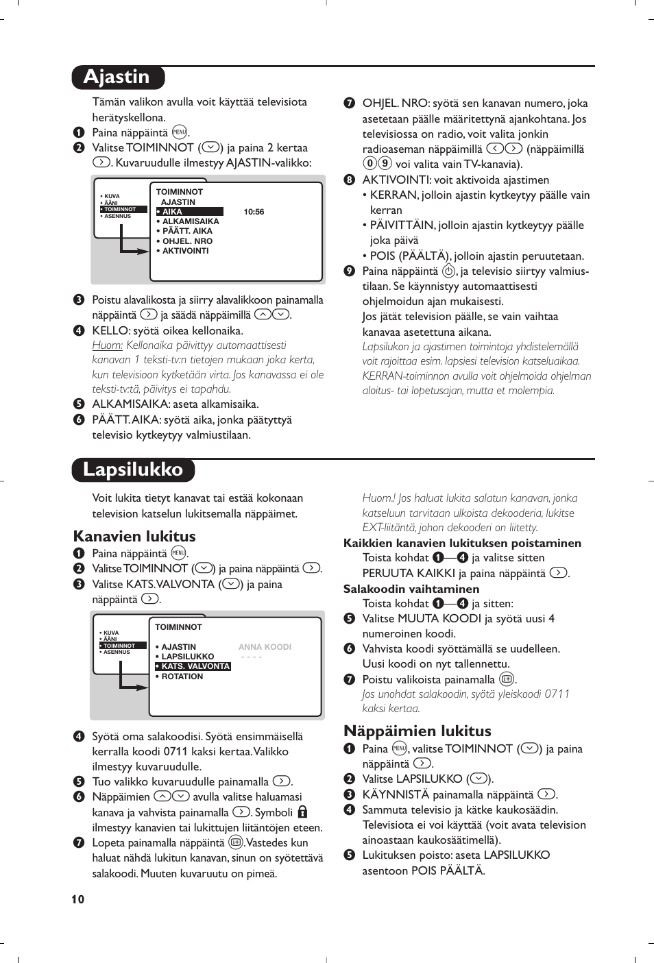 Ajastin lapsilukko, Kanavien lukitus, Näppäimien lukitus | Philips Matchline Flat TV User Manual | Page 154 / 192