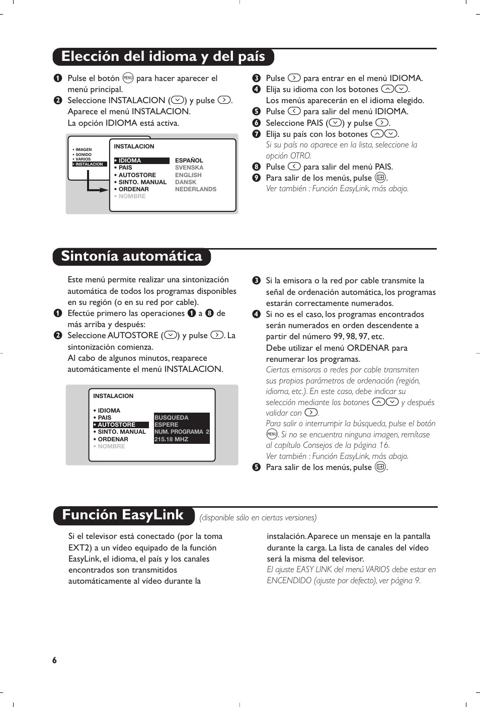 Elección del idioma y del país sintonía automática, Función easylink | Philips Matchline Flat TV User Manual | Page 166 / 192