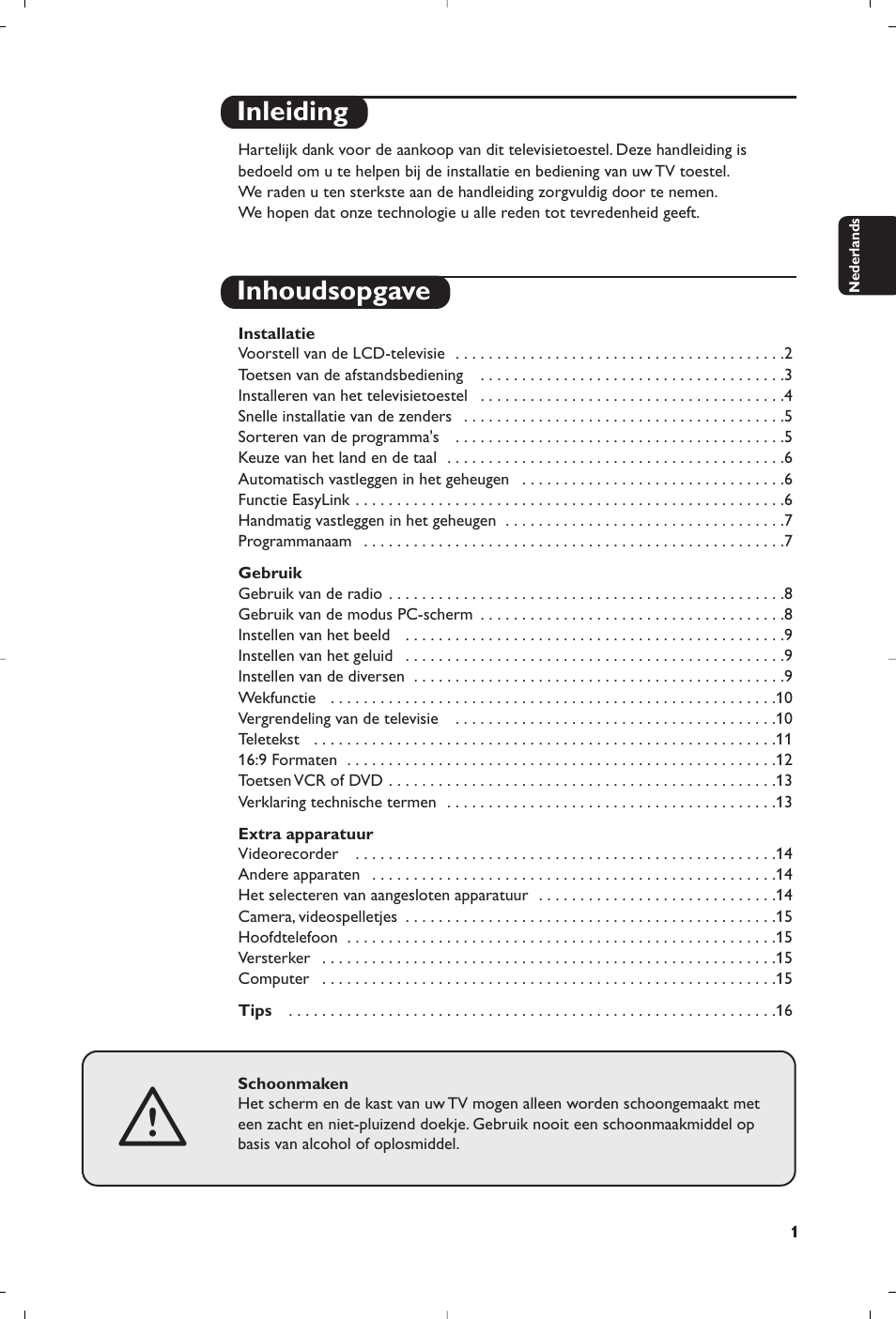 Inleiding inhoudsopgave | Philips Matchline Flat TV User Manual | Page 17 / 192