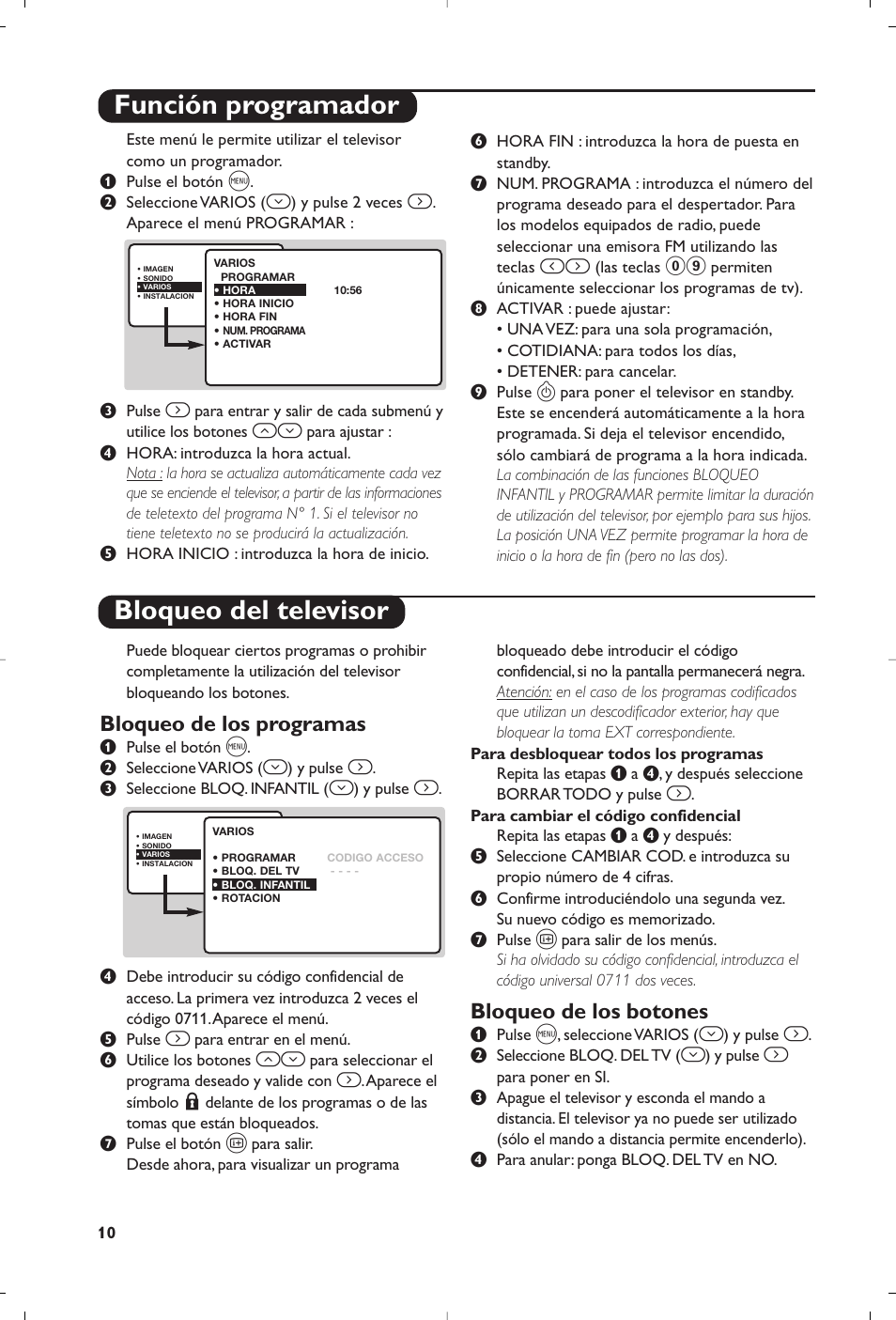 Función programador bloqueo del televisor, Bloqueo de los programas, Bloqueo de los botones | Philips Matchline Flat TV User Manual | Page 170 / 192