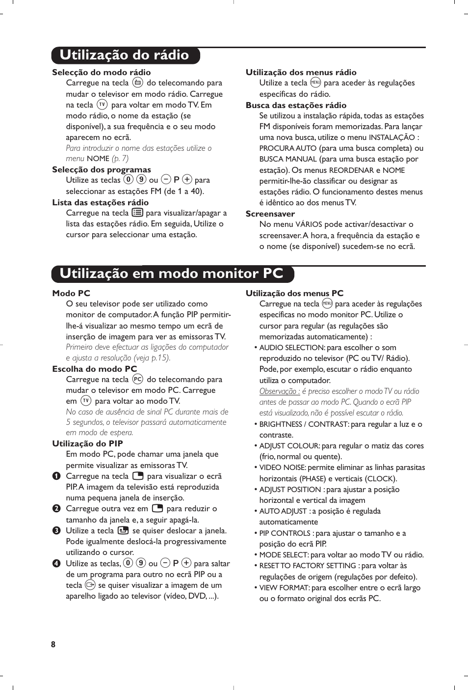 Utilização do rádio utilização em modo monitor pc | Philips Matchline Flat TV User Manual | Page 184 / 192