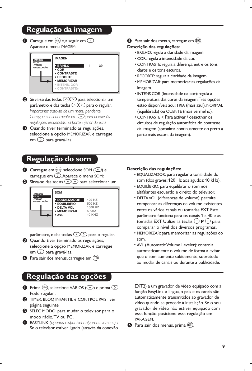 Regulação da imagem regulação do som, Regulação das opções | Philips Matchline Flat TV User Manual | Page 185 / 192