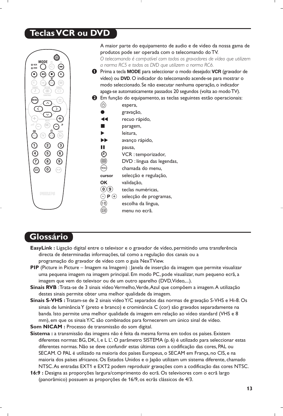 Teclas vcr ou dvd glossário | Philips Matchline Flat TV User Manual | Page 189 / 192