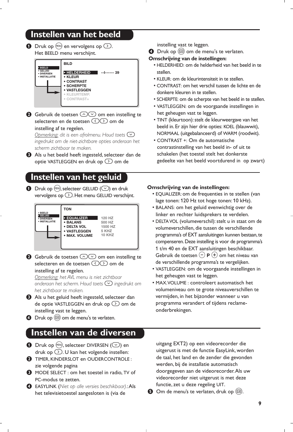 Instellen van het beeld instellen van het geluid, Instellen van de diversen | Philips Matchline Flat TV User Manual | Page 25 / 192