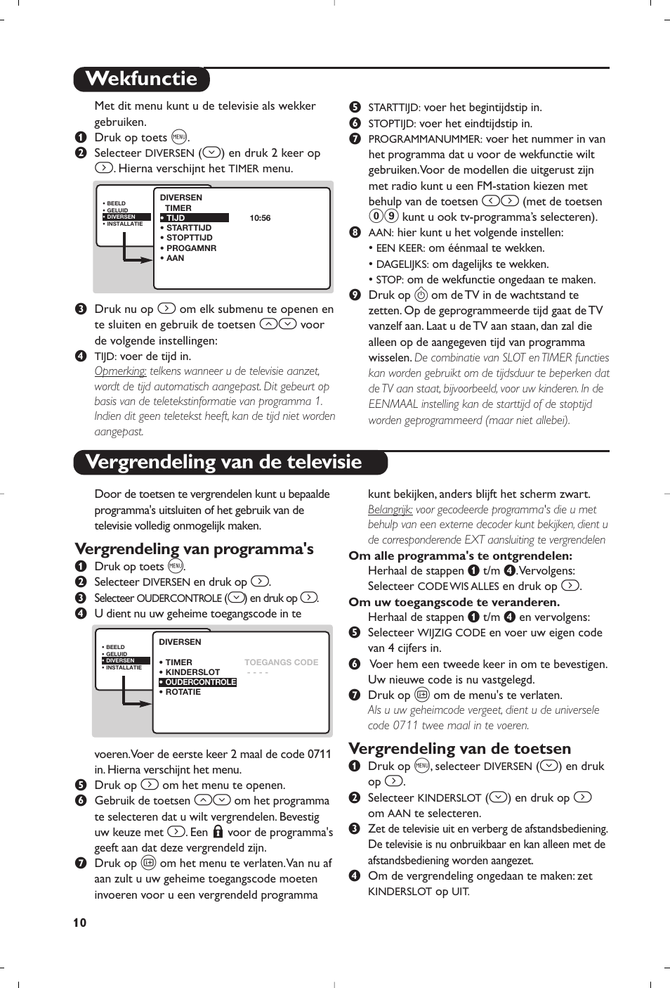 Wekfunctie vergrendeling van de televisie, Vergrendeling van programma's, Vergrendeling van de toetsen | Philips Matchline Flat TV User Manual | Page 26 / 192