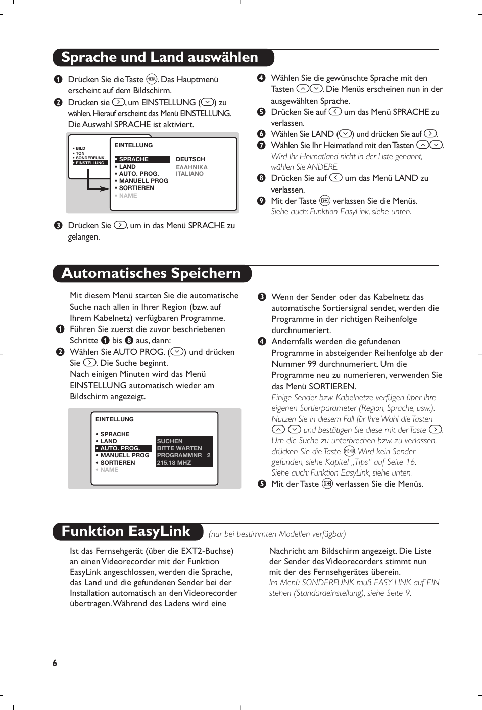 Sprache und land auswählen automatisches speichern, Funktion easylink | Philips Matchline Flat TV User Manual | Page 38 / 192