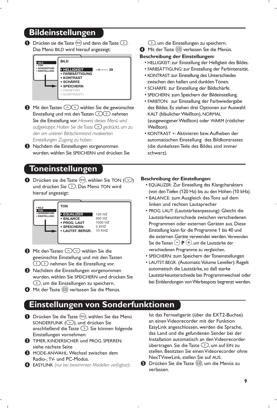 Bildeinstellungen, Toneinstellungen, Einstellungen von sonderfunktionen | Philips Matchline Flat TV User Manual | Page 41 / 192