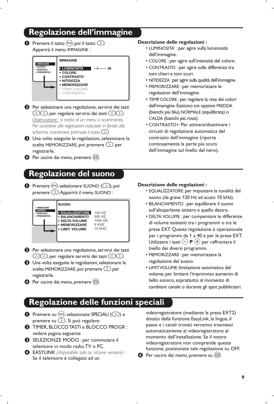 Regolazione dell’immagine regolazione del suono, Regolazione delle funzioni speciali | Philips Matchline Flat TV User Manual | Page 57 / 192