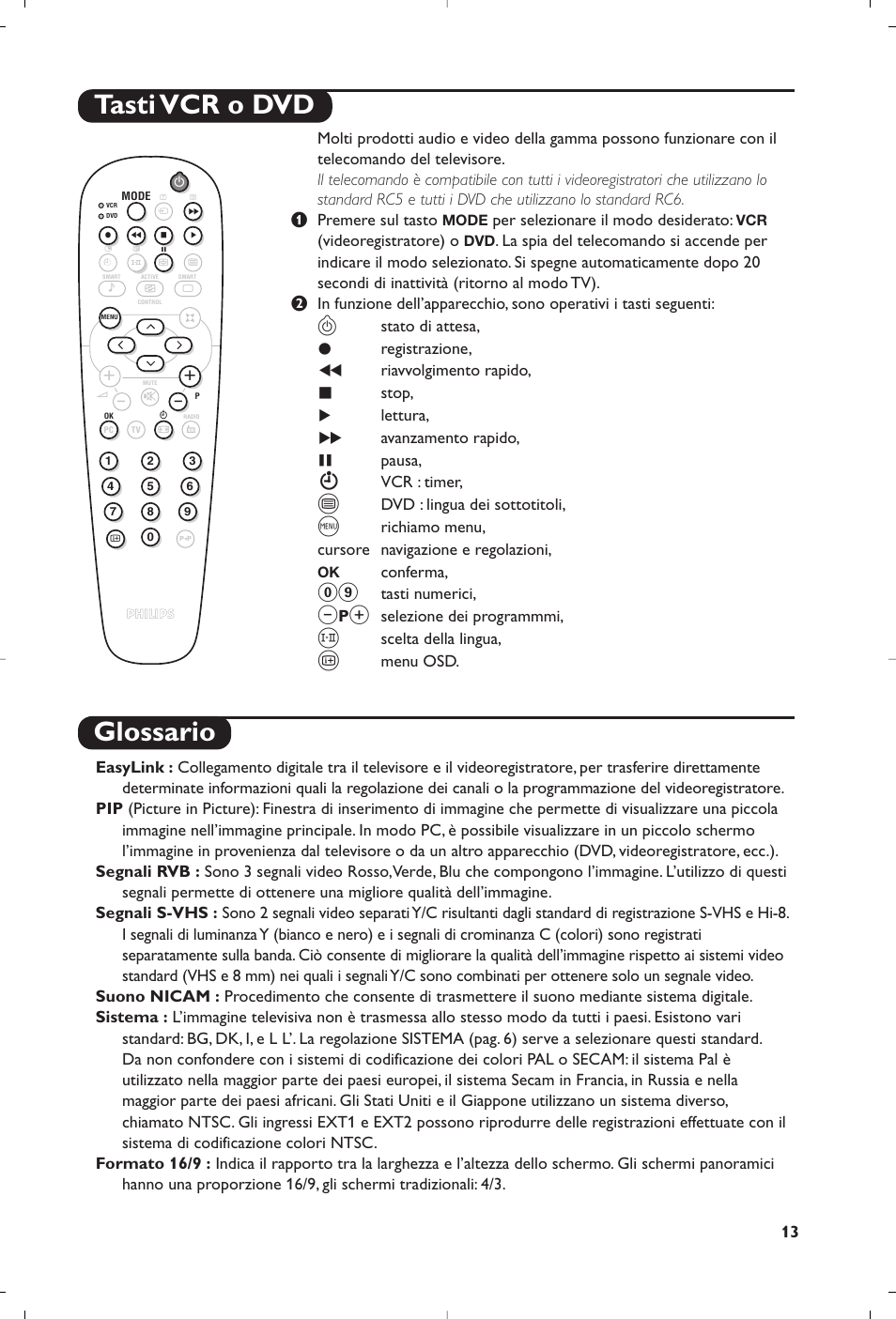 Tasti vcr o dvd glossario | Philips Matchline Flat TV User Manual | Page 61 / 192