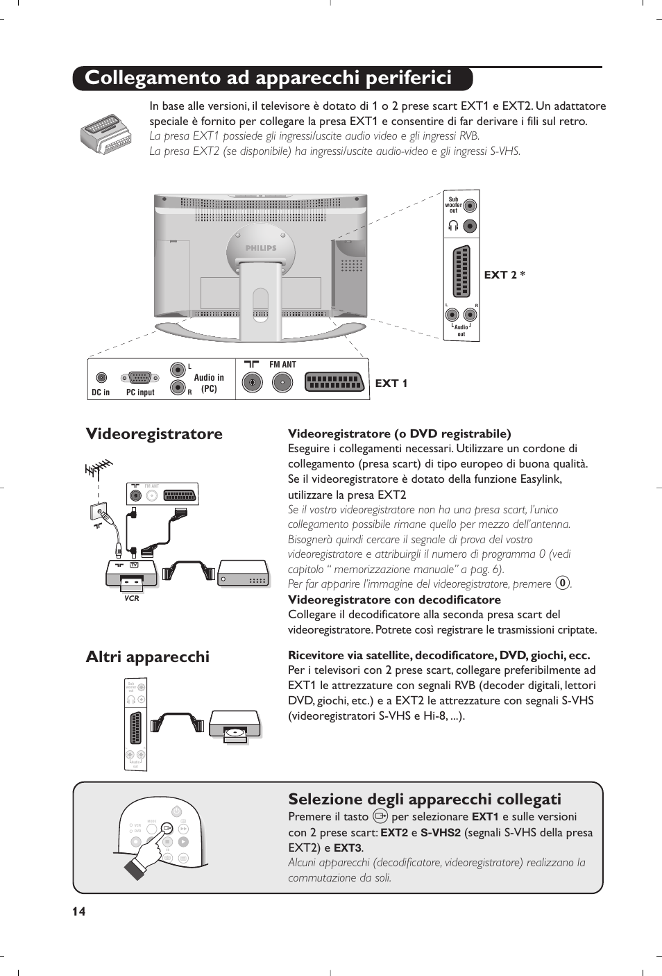 Collegamento ad apparecchi periferici, Videoregistratore, Selezione degli apparecchi collegati | Altri apparecchi, Premere il tasto, Per selezionare, E sulle versioni con 2 prese scart, Segnali s-vhs della presa ext2) e | Philips Matchline Flat TV User Manual | Page 62 / 192