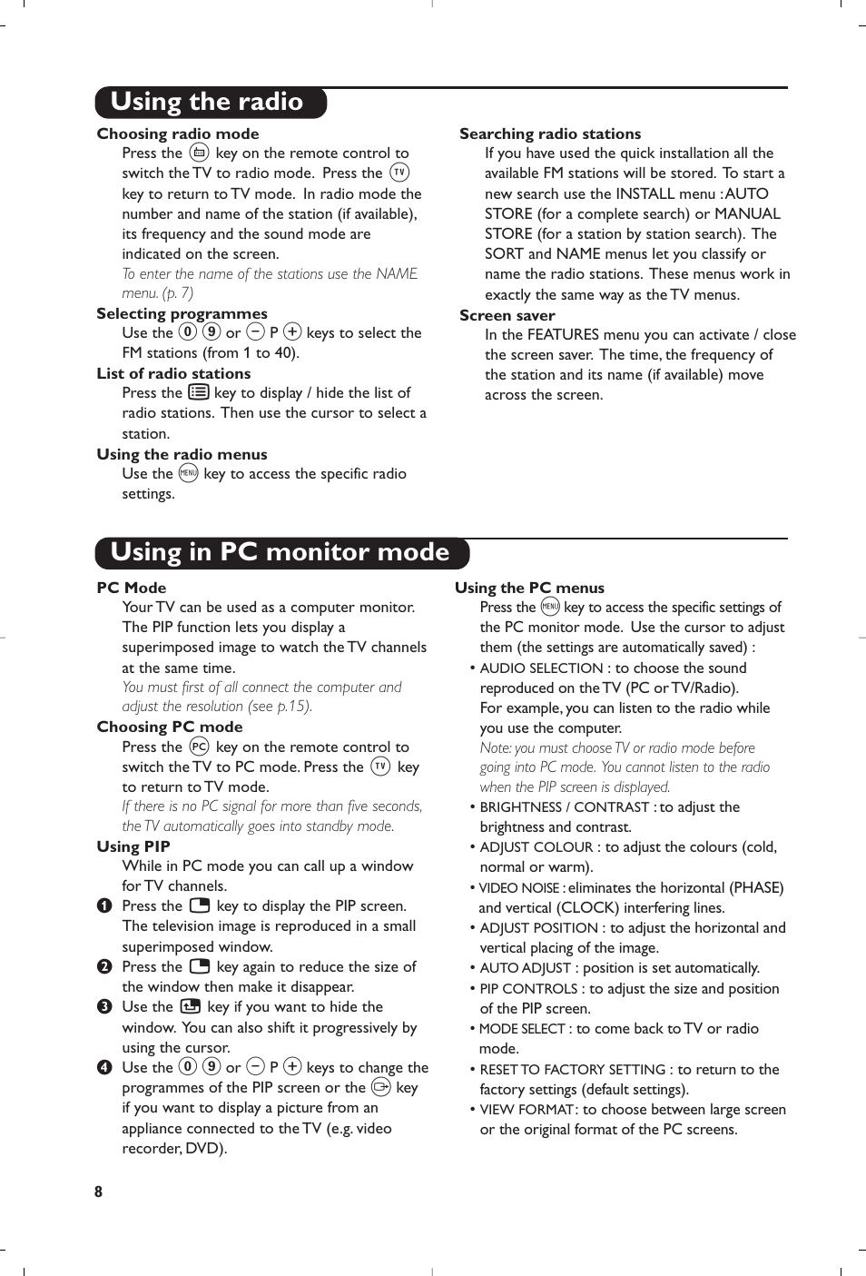 Using the radio using in pc monitor mode | Philips Matchline Flat TV User Manual | Page 88 / 192