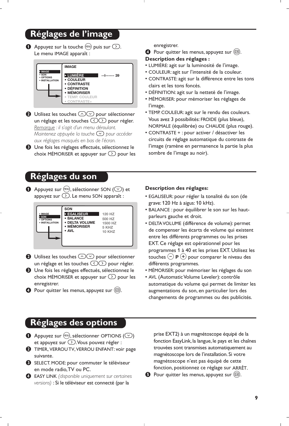 Réglages de l’image réglages du son, Réglages des options | Philips Matchline Flat TV User Manual | Page 9 / 192