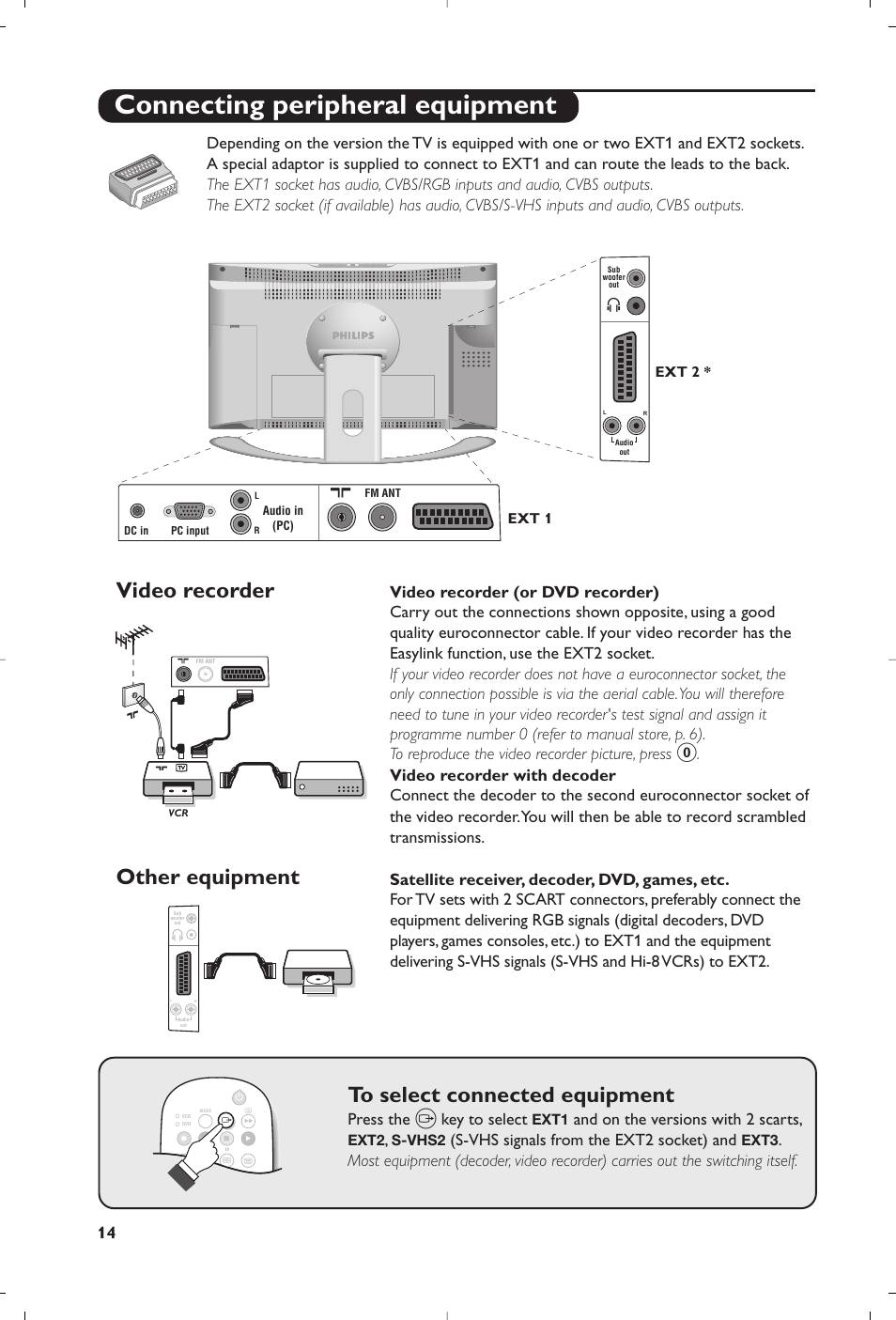 Connecting peripheral equipment, Video recorder, Other equipment | Press the, Key to select, And on the versions with 2 scarts, S-vhs signals from the ext2 socket) and | Philips Matchline Flat TV User Manual | Page 94 / 192