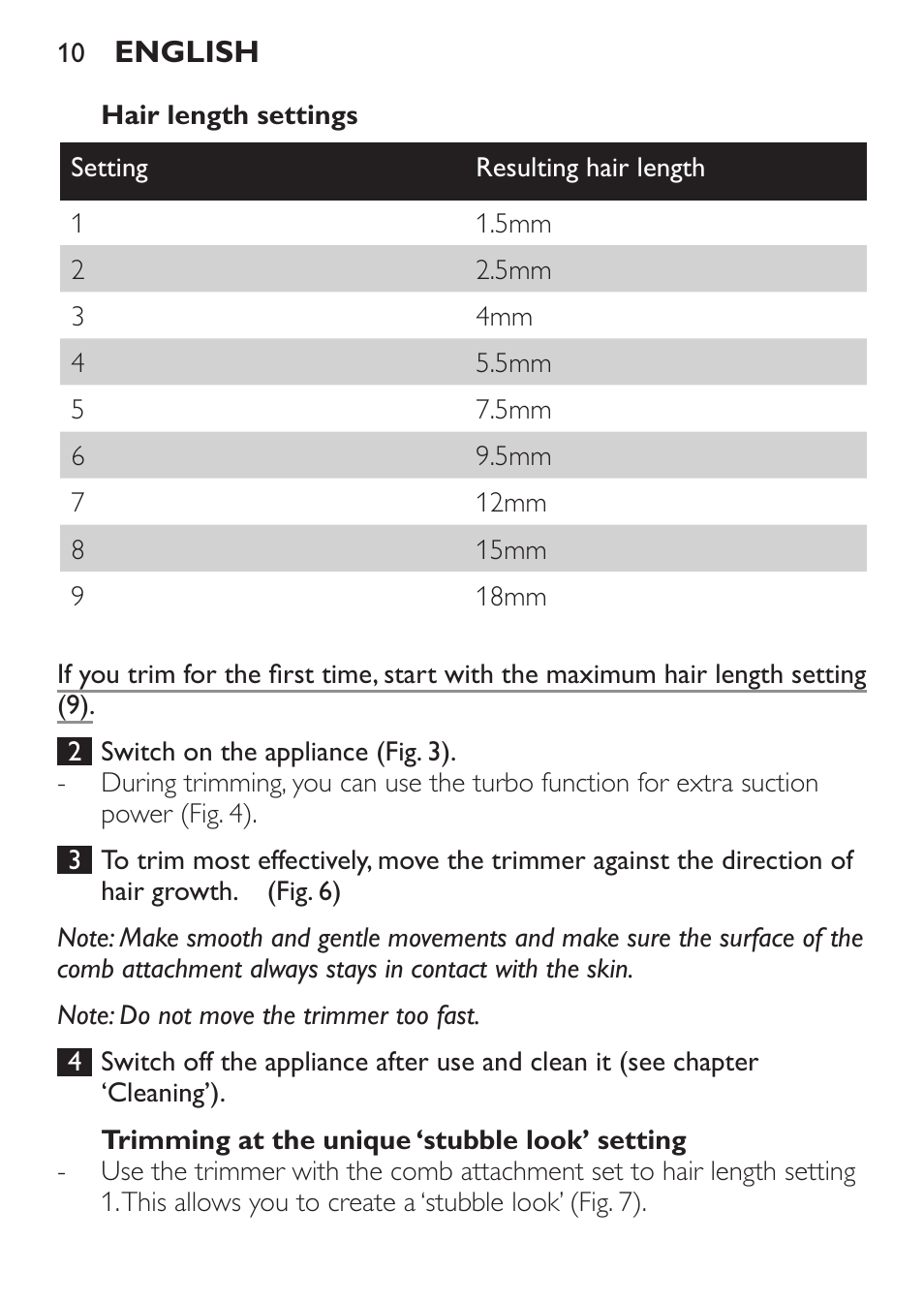 Hair length settings, Trimming at the unique ‘stubble look’ setting | Philips BEARDTRIMMER Series 7000 barbero con sistema de aspiración turbo User Manual | Page 10 / 136