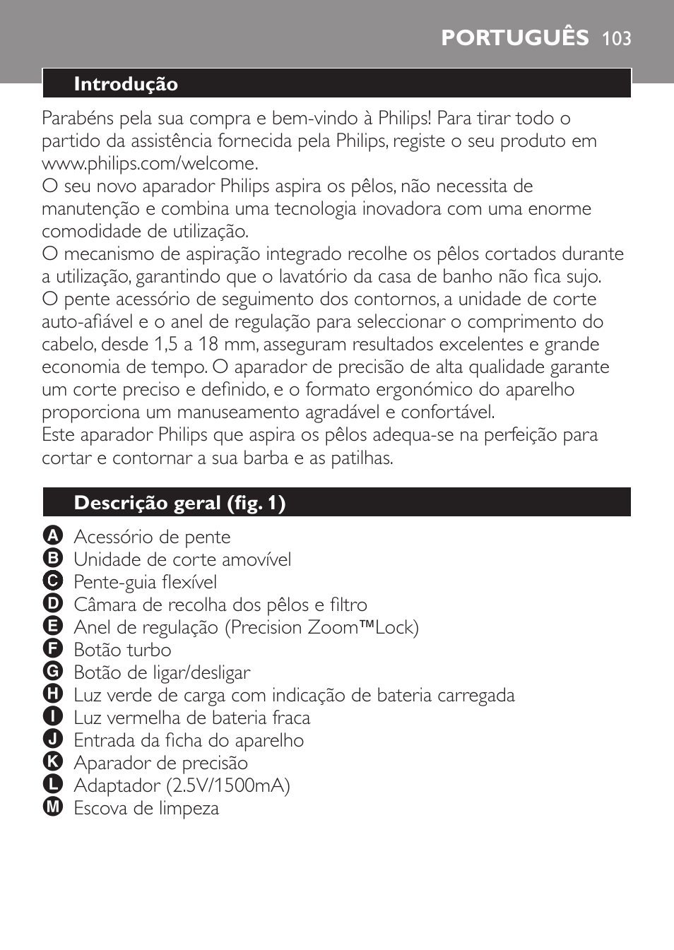 Português, Introdução, Descrição geral (fig. 1) | Philips BEARDTRIMMER Series 7000 barbero con sistema de aspiración turbo User Manual | Page 103 / 136