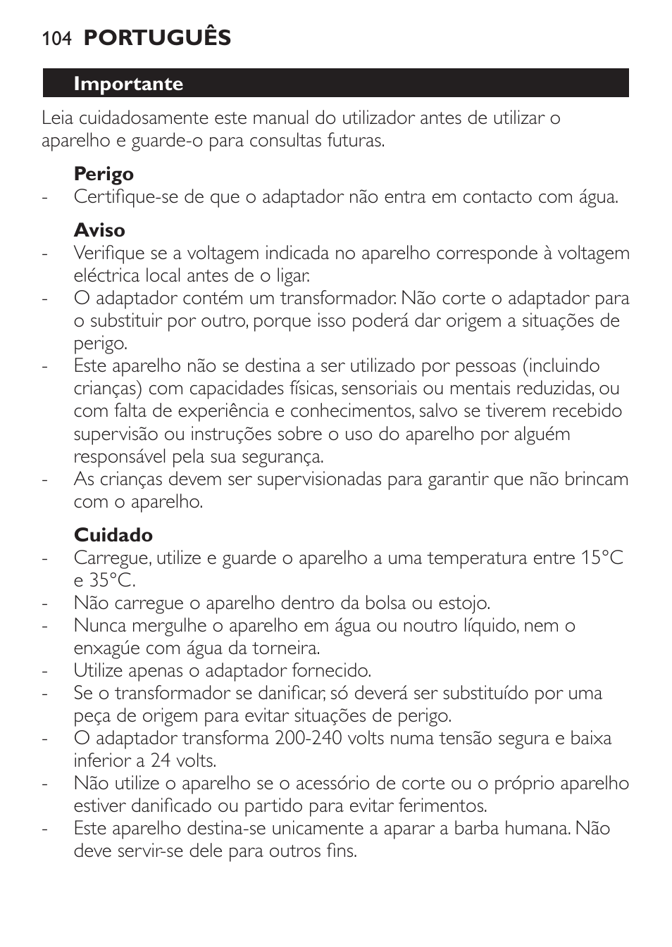 Perigo, Aviso, Cuidado | Importante | Philips BEARDTRIMMER Series 7000 barbero con sistema de aspiración turbo User Manual | Page 104 / 136
