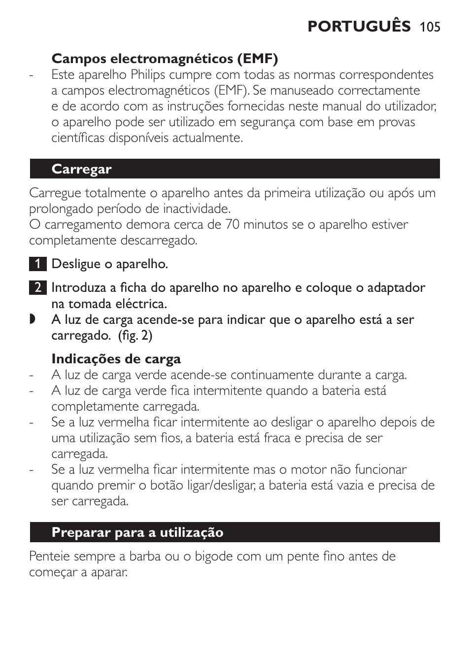 Campos electromagnéticos (emf), Indicações de carga, Carregar | Preparar para a utilização | Philips BEARDTRIMMER Series 7000 barbero con sistema de aspiración turbo User Manual | Page 105 / 136