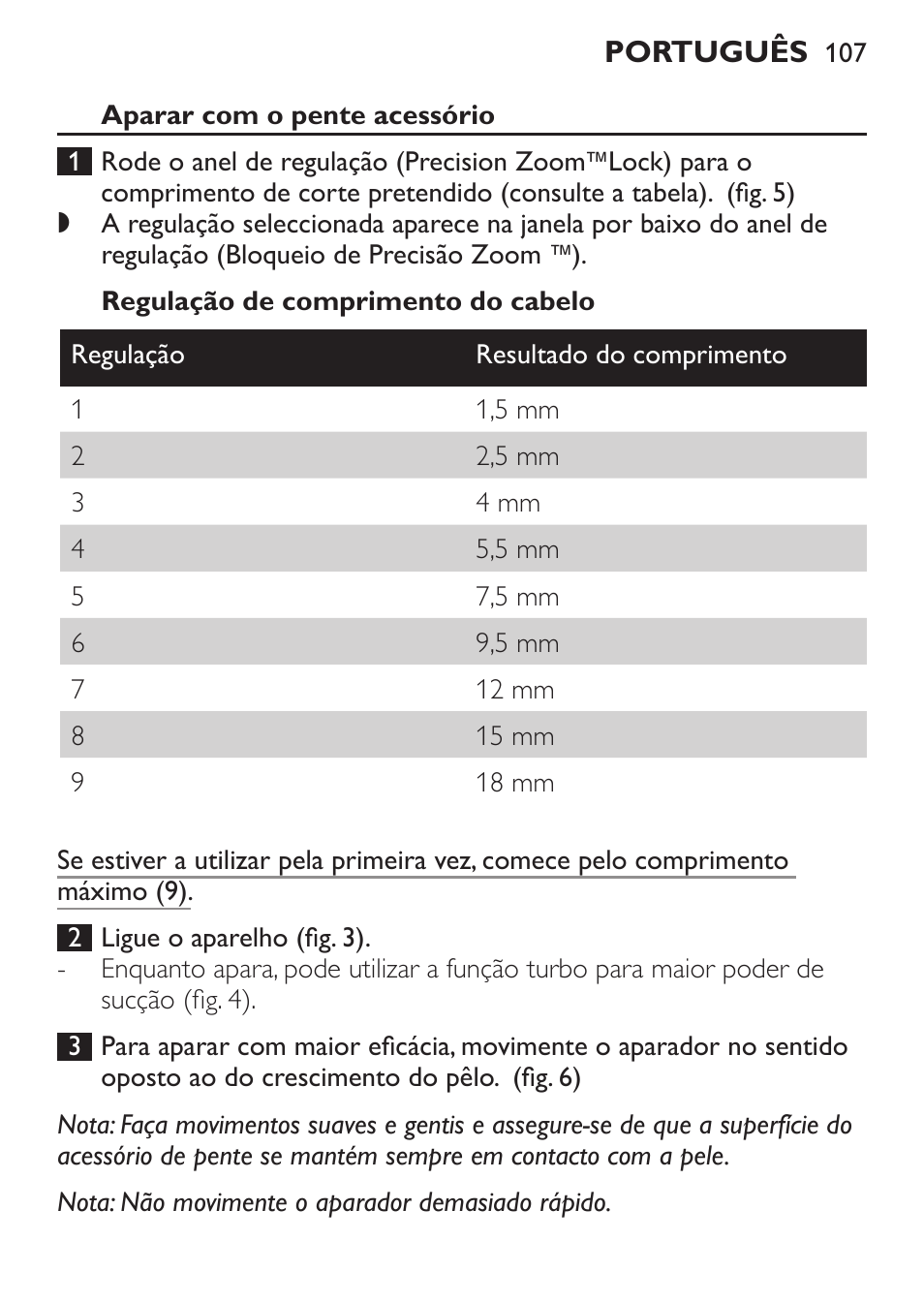 Aparar com o pente acessório, Regulação de comprimento do cabelo | Philips BEARDTRIMMER Series 7000 barbero con sistema de aspiración turbo User Manual | Page 107 / 136