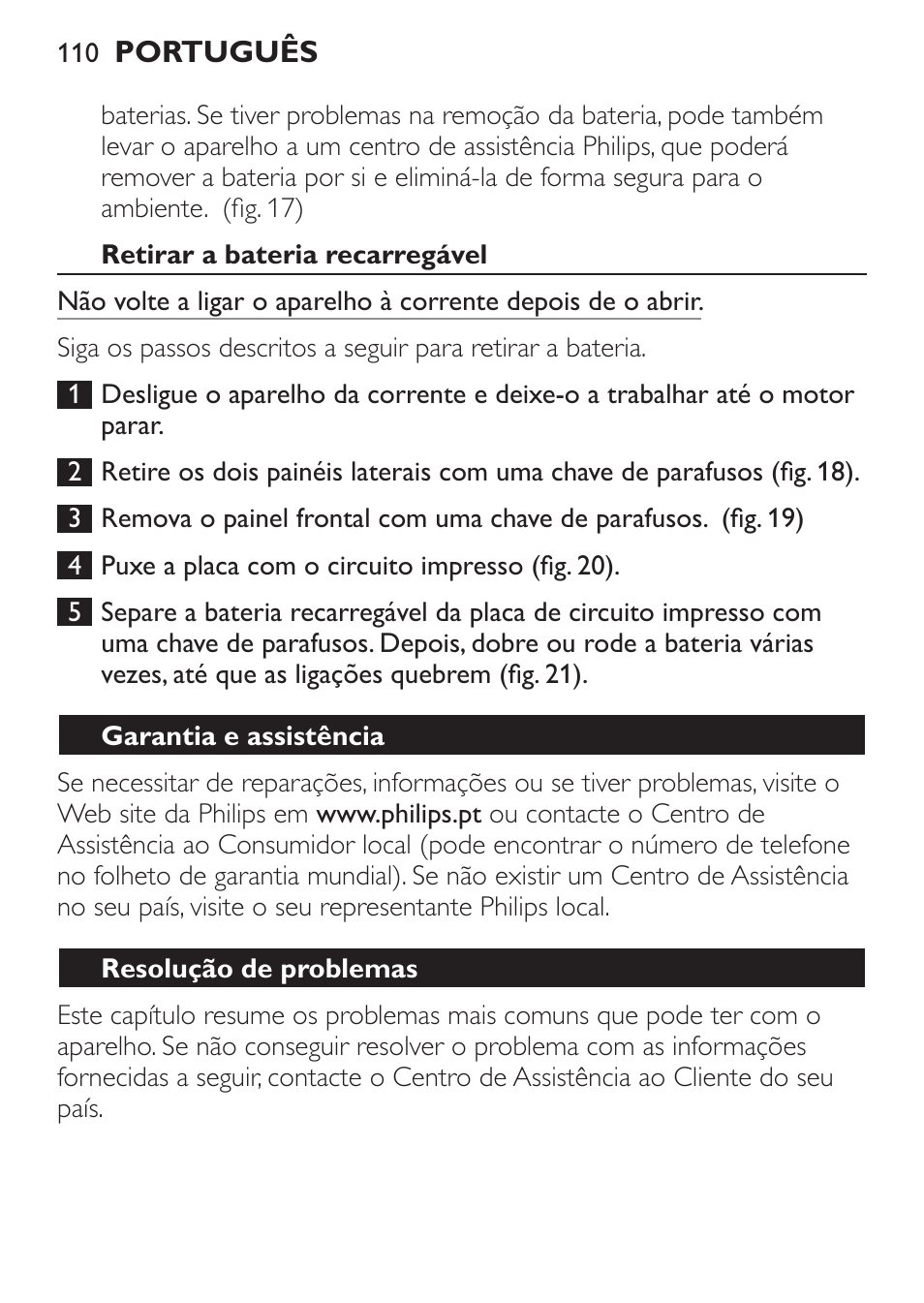 Retirar a bateria recarregável, Garantia e assistência, Resolução de problemas | Philips BEARDTRIMMER Series 7000 barbero con sistema de aspiración turbo User Manual | Page 110 / 136