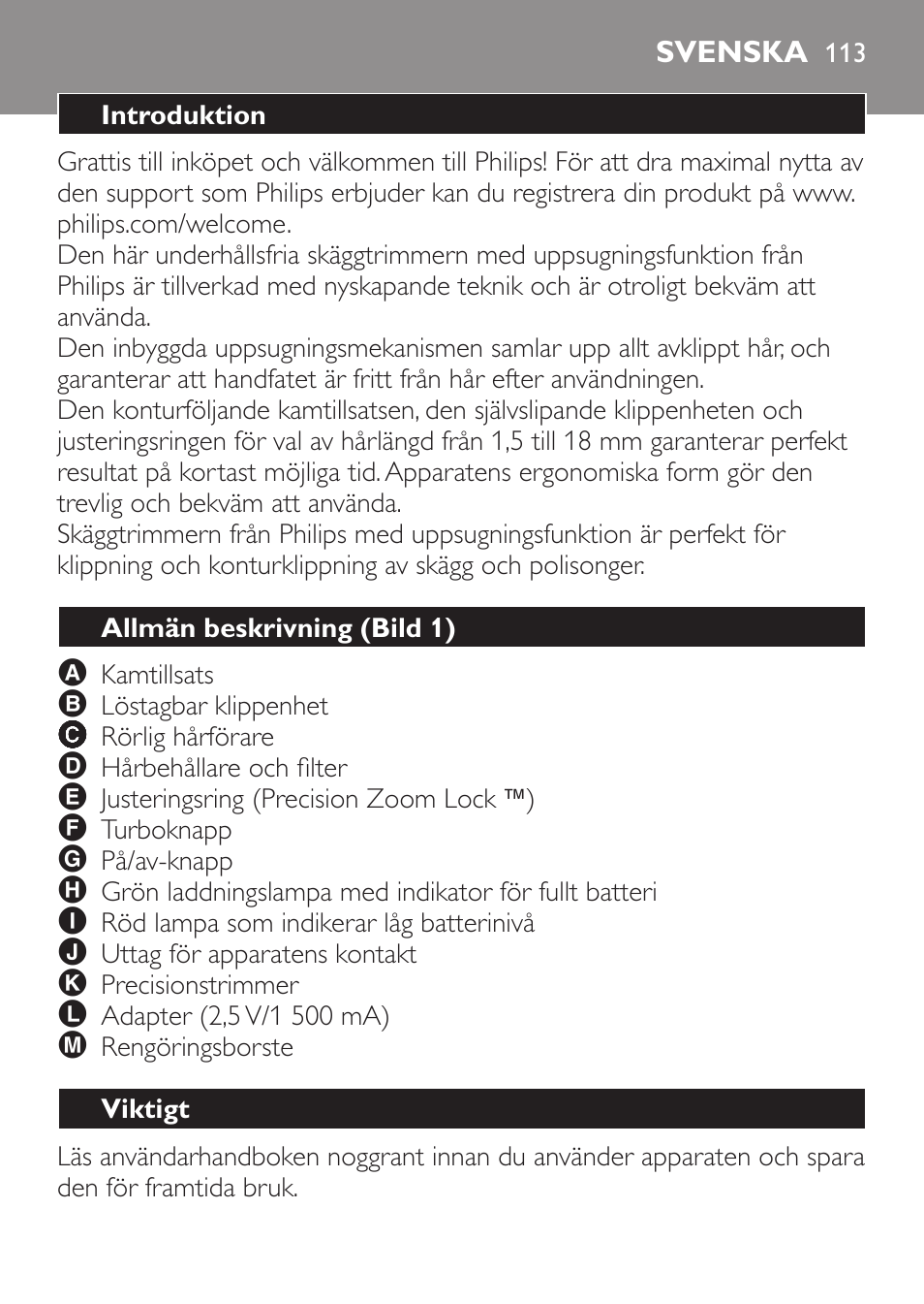 Svenska, Introduktion, Allmän beskrivning (bild 1) | Viktigt | Philips BEARDTRIMMER Series 7000 barbero con sistema de aspiración turbo User Manual | Page 113 / 136