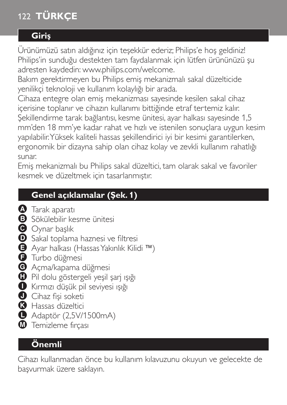 Türkçe, Giriş, Genel açıklamalar (şek. 1) | Önemli | Philips BEARDTRIMMER Series 7000 barbero con sistema de aspiración turbo User Manual | Page 122 / 136