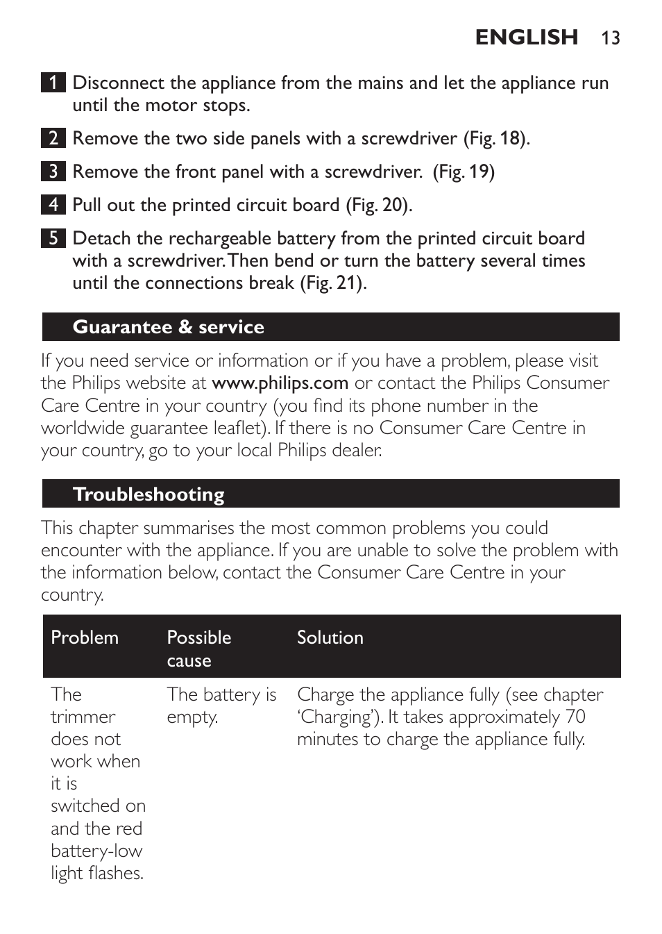 Guarantee & service, Troubleshooting | Philips BEARDTRIMMER Series 7000 barbero con sistema de aspiración turbo User Manual | Page 13 / 136