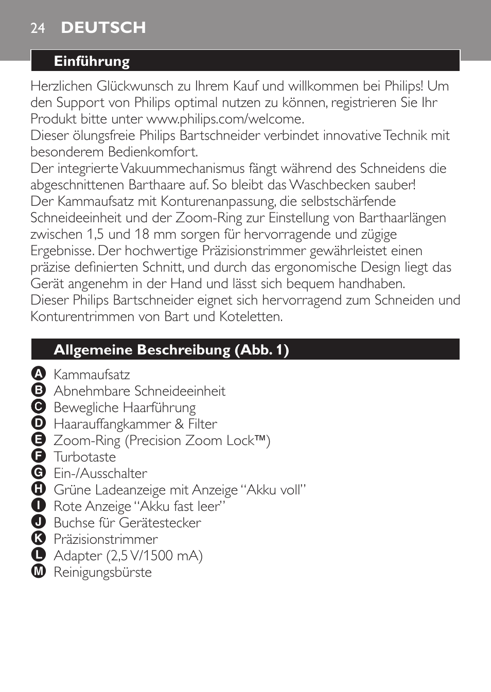 Deutsch, Einführung, Allgemeine beschreibung (abb. 1) | Philips BEARDTRIMMER Series 7000 barbero con sistema de aspiración turbo User Manual | Page 24 / 136