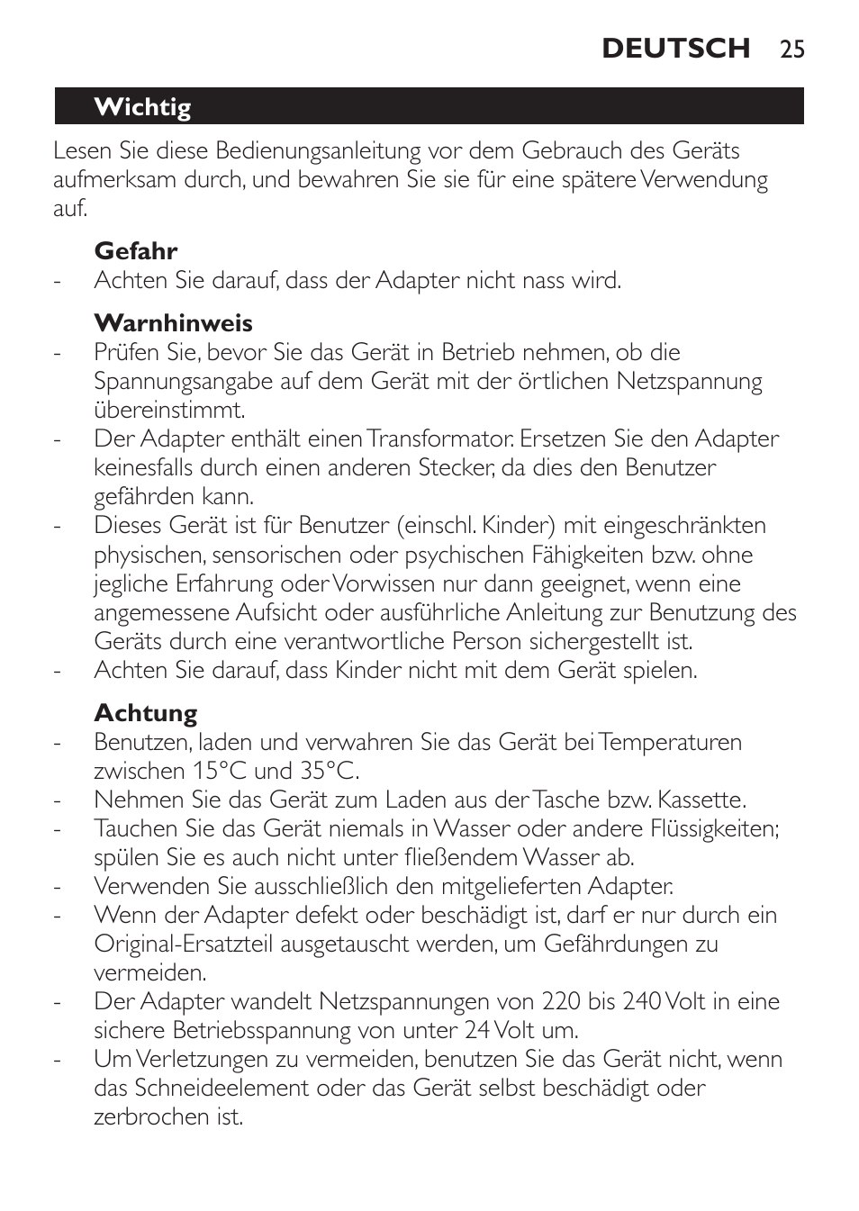Gefahr, Warnhinweis, Achtung | Wichtig | Philips BEARDTRIMMER Series 7000 barbero con sistema de aspiración turbo User Manual | Page 25 / 136
