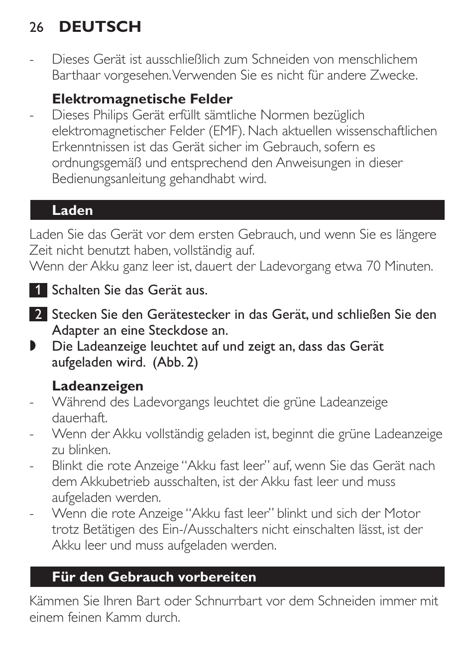 Elektromagnetische felder, Ladeanzeigen, Laden | Für den gebrauch vorbereiten | Philips BEARDTRIMMER Series 7000 barbero con sistema de aspiración turbo User Manual | Page 26 / 136