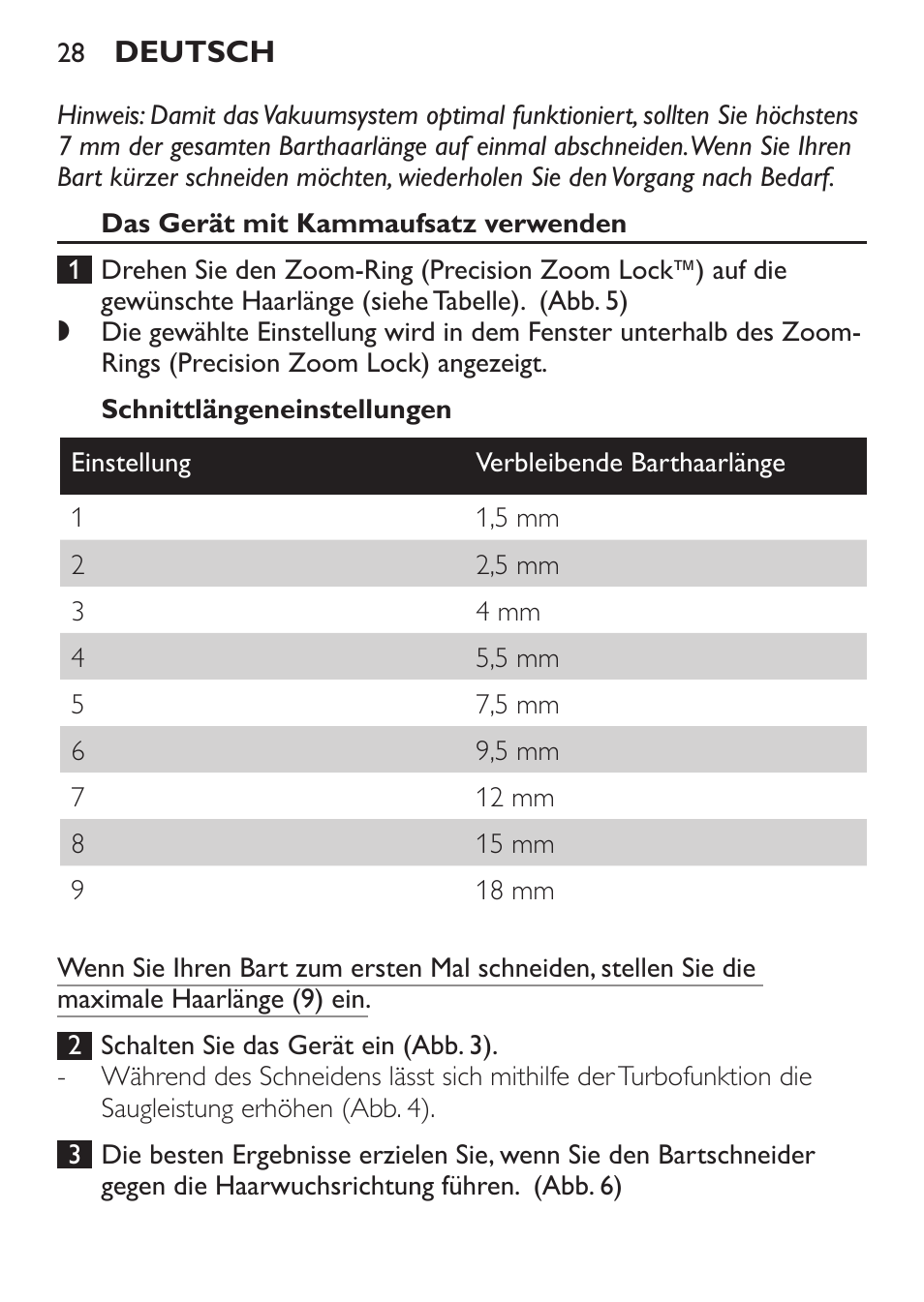 Das gerät mit kammaufsatz verwenden, Schnittlängeneinstellungen | Philips BEARDTRIMMER Series 7000 barbero con sistema de aspiración turbo User Manual | Page 28 / 136