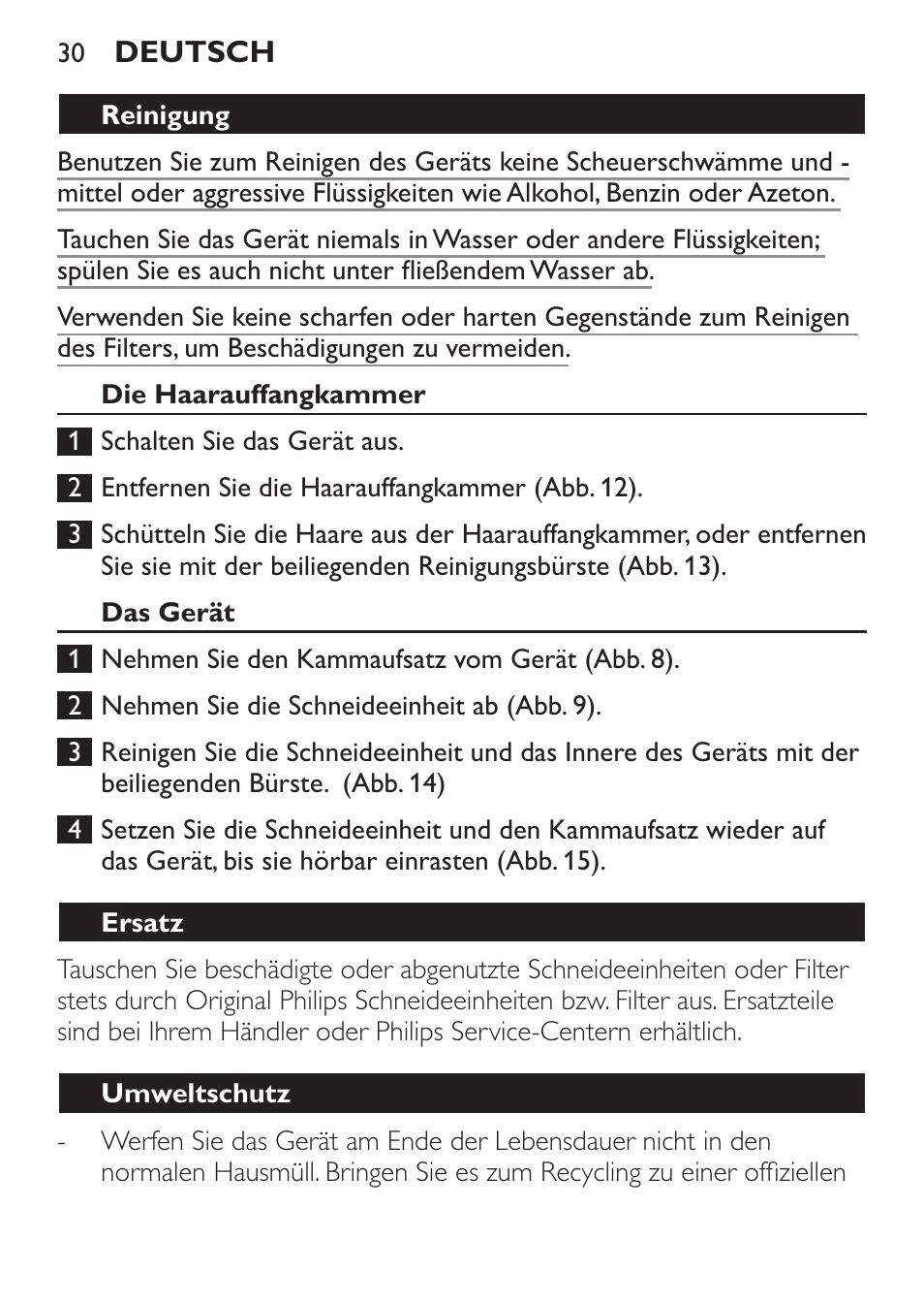 Reinigung, Die haarauffangkammer, Das gerät | Ersatz, Umweltschutz | Philips BEARDTRIMMER Series 7000 barbero con sistema de aspiración turbo User Manual | Page 30 / 136
