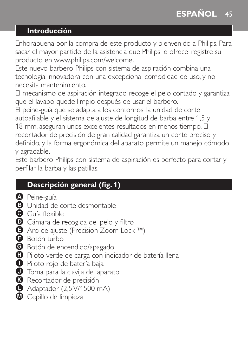 Español, Introducción, Descripción general (fig. 1) | Philips BEARDTRIMMER Series 7000 barbero con sistema de aspiración turbo User Manual | Page 45 / 136