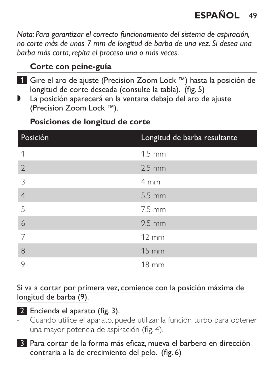 Corte con peine-guía, Posiciones de longitud de corte | Philips BEARDTRIMMER Series 7000 barbero con sistema de aspiración turbo User Manual | Page 49 / 136
