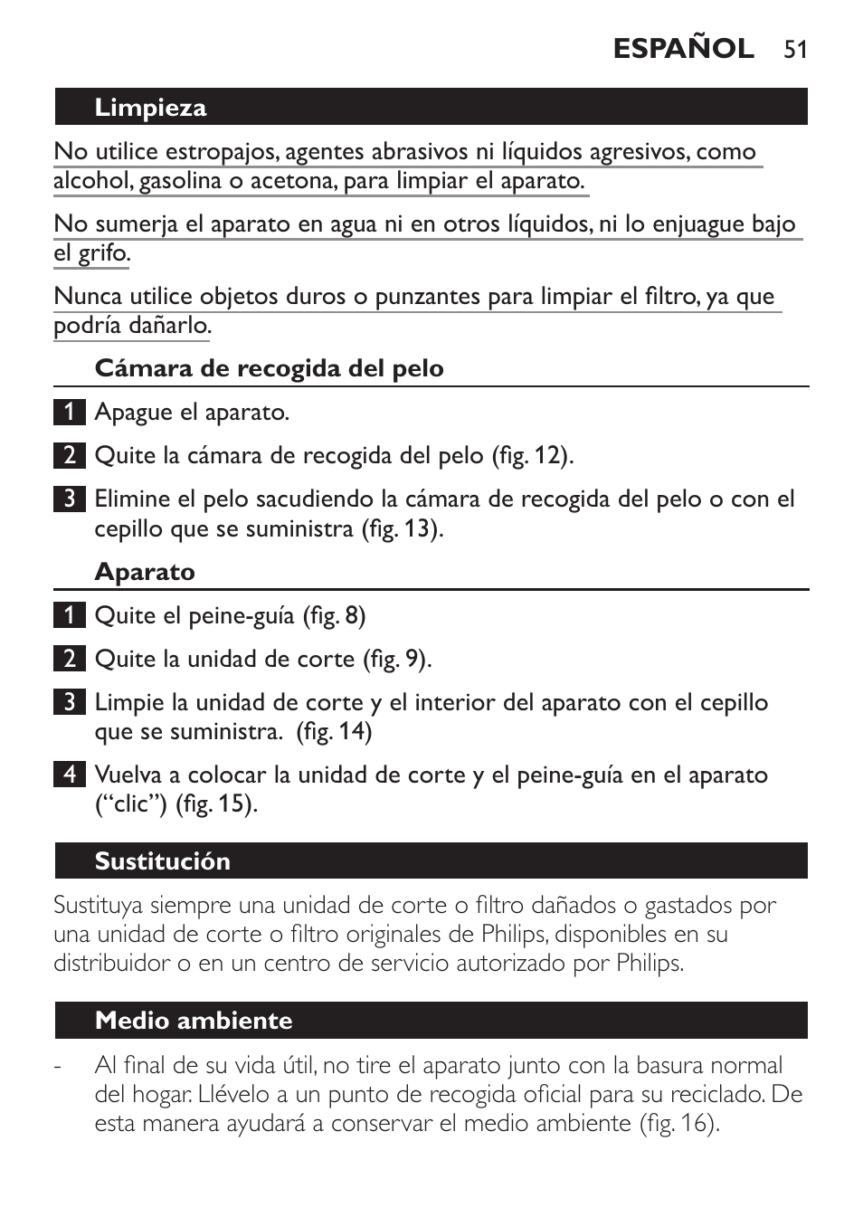 Limpieza, Cámara de recogida del pelo, Aparato | Sustitución, Medio ambiente | Philips BEARDTRIMMER Series 7000 barbero con sistema de aspiración turbo User Manual | Page 51 / 136