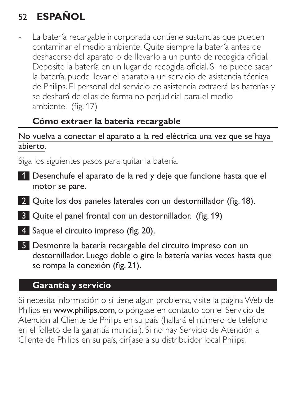 Cómo extraer la batería recargable, Garantía y servicio | Philips BEARDTRIMMER Series 7000 barbero con sistema de aspiración turbo User Manual | Page 52 / 136