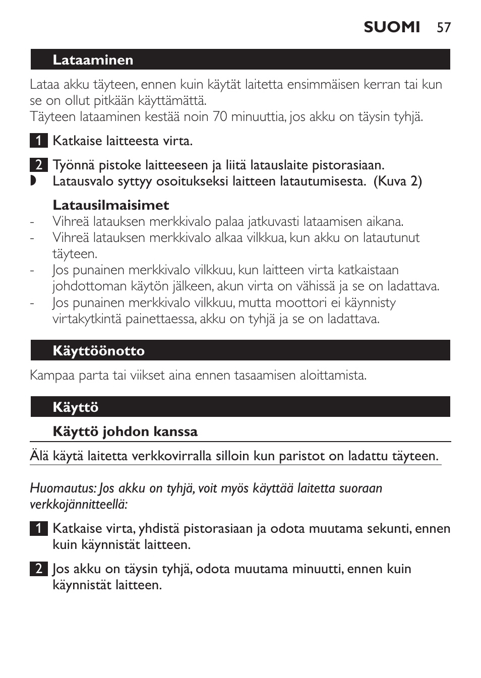 Latausilmaisimet, Lataaminen, Käyttöönotto | Käyttö, Käyttö johdon kanssa, Turbotoiminto | Philips BEARDTRIMMER Series 7000 barbero con sistema de aspiración turbo User Manual | Page 57 / 136