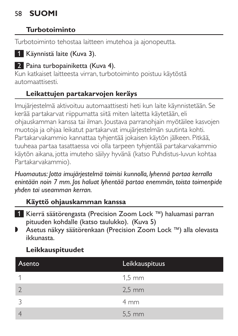 Leikattujen partakarvojen keräys, Käyttö ohjauskamman kanssa, Leikkauspituudet | Philips BEARDTRIMMER Series 7000 barbero con sistema de aspiración turbo User Manual | Page 58 / 136